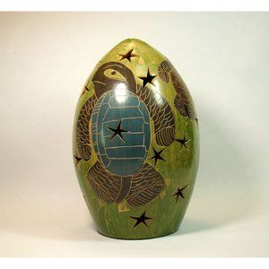 Turtle Art Pottery Tea Light Candle Lantern Luminary, Coastal Beach Nautical